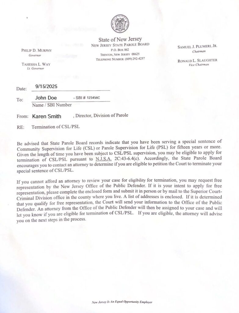 New Jersey State Parole Board - Termination of CSL letter