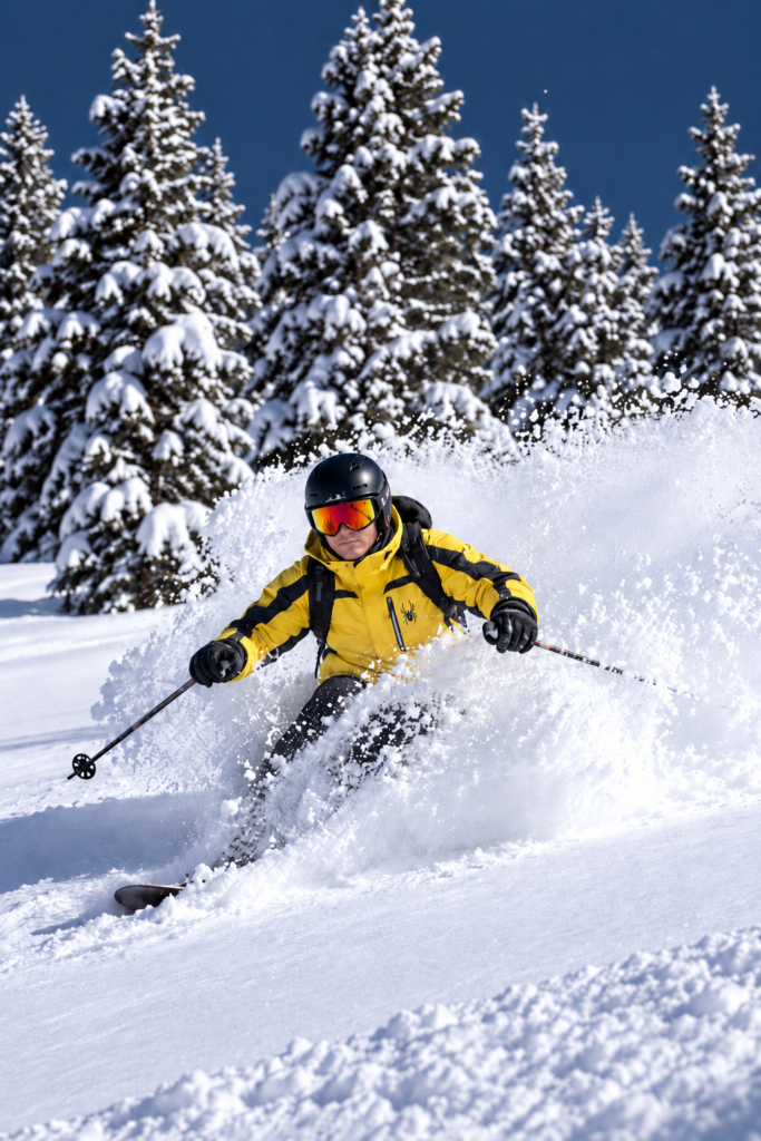 Skier carving through powder in snowy mountain terrain